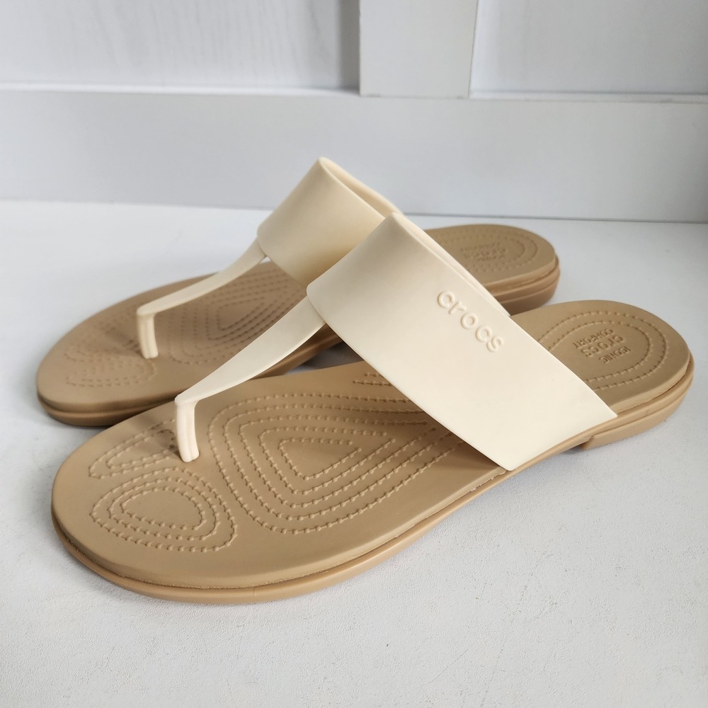 Crocs Serena Flip Sandals Womens 11 Stucco Tan Flat Thong Comfort 205468